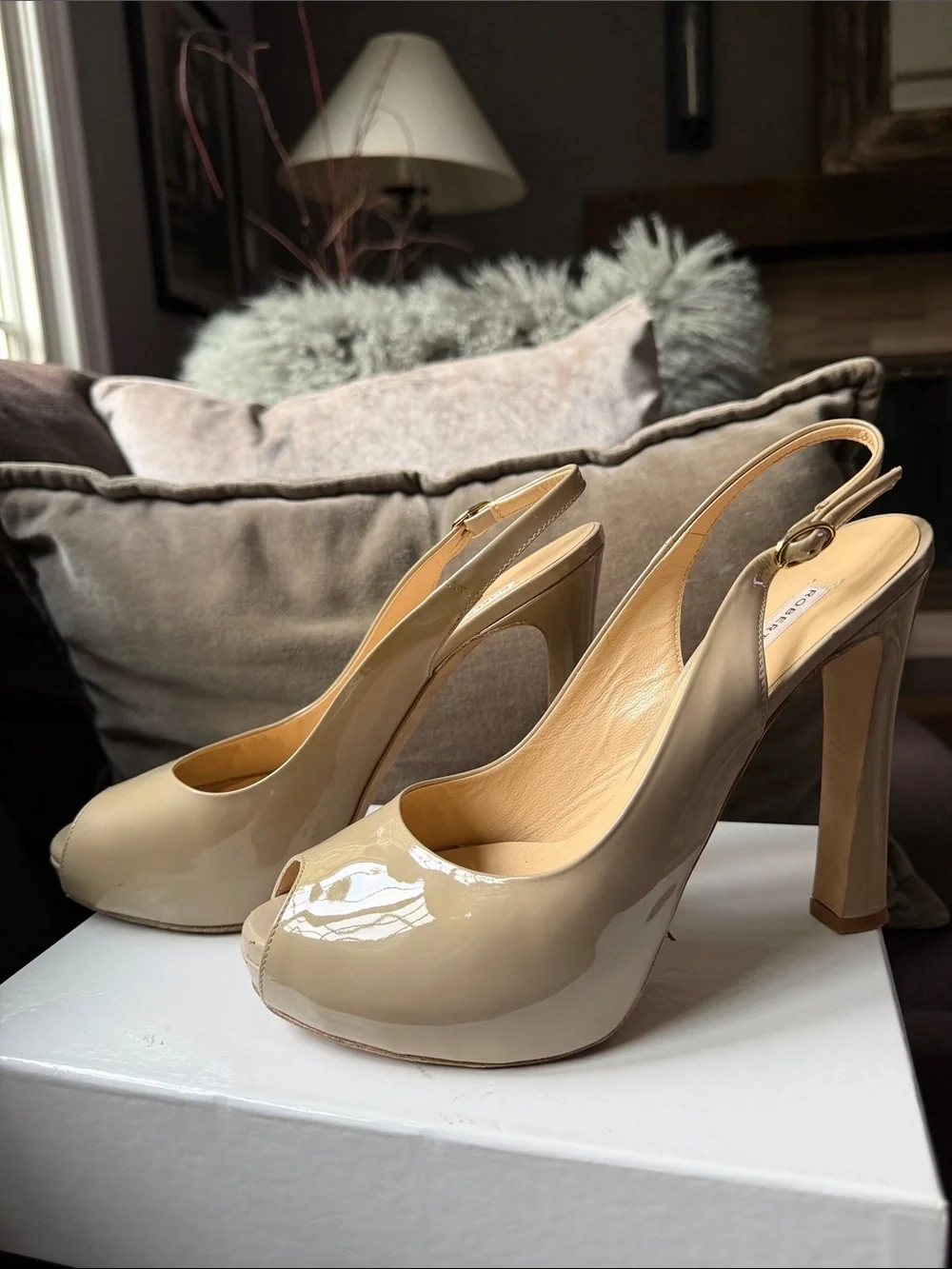 Roberto Festa Women's Beige Patent Peep-Toe Slingback Heels